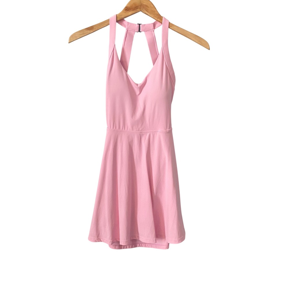 Pink Athletic Exercise Dress V-Neck Open Back Twist Detail Built-in Shorts XS